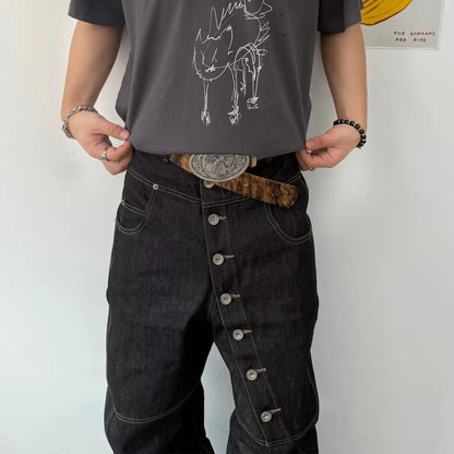 American Retro Long Row Button Design Jeans Men's High Street Loose Wide Leg Floor-Length Trousers Trendy Straight Leg Jeans