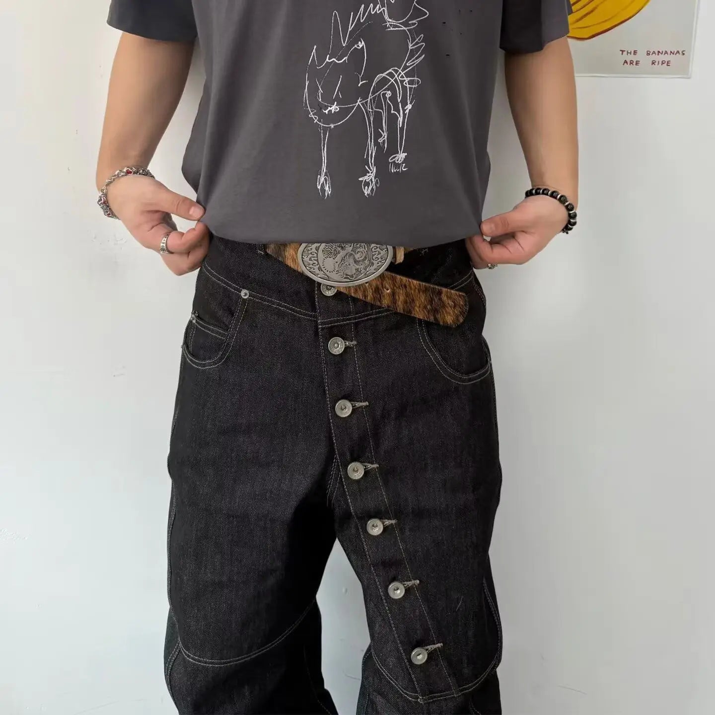 American Retro Long Row Button Design Jeans Men's High Street Loose Wide Leg Floor-Length Trousers Trendy Straight Leg Jeans