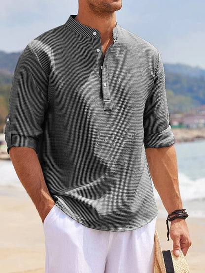 Spring Summer Men's Cotton Linen Polo Shirts Casual Long Sleeve Lightweight Henley Neck Solid Color Tops  Beach Shirts Fashion