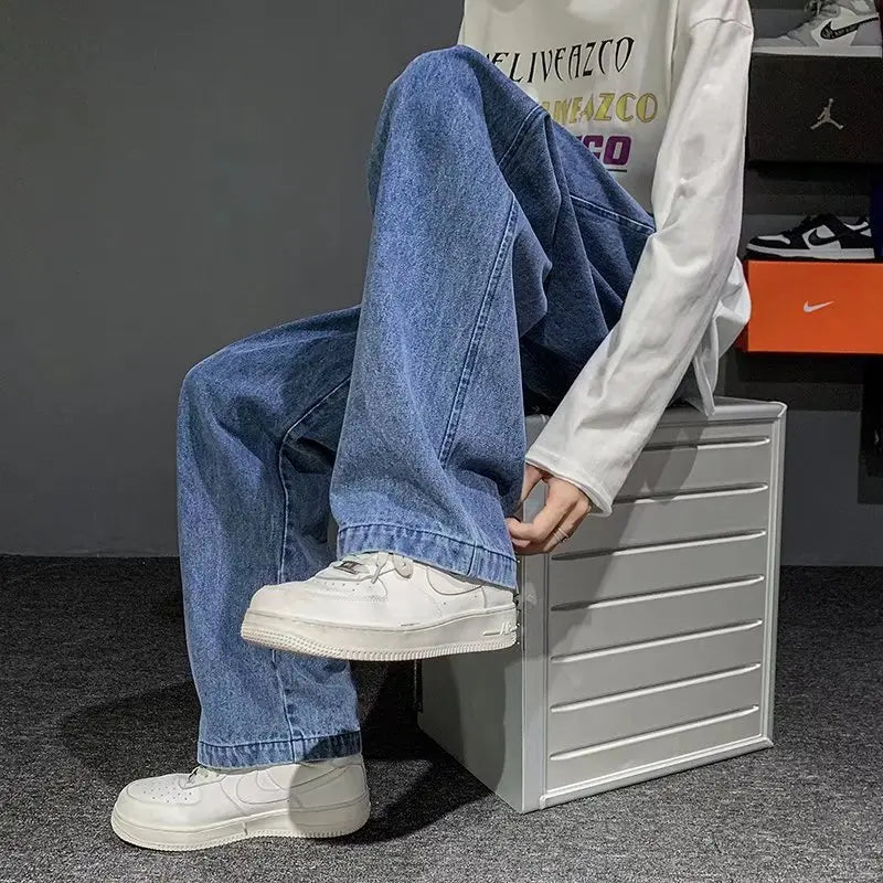 Nuevos pantalones vaqueros coreanos holgados para hombre, de calle, rectos, de mezclilla, de pierna ancha, Hip Hop, holgados, azul claro, gris, negro