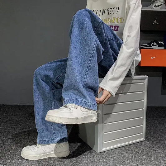 New Korean Fashion Men's Baggy Jeans High Street Man Straight Denim Wide-leg Pants Hip Hop Bagy Light Blue Grey Black