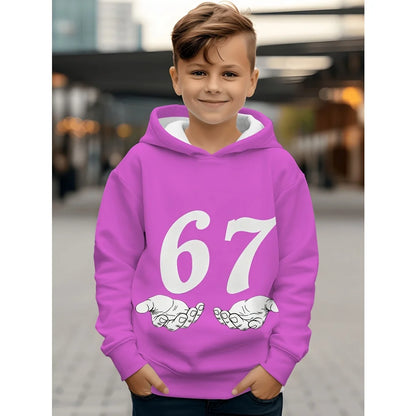Children's Clothing Boys' Funny Number "67" Creative Print Hooded Sweatshirt Boys' Casual Sports Long Sleeve Hoodie Jacket Tops