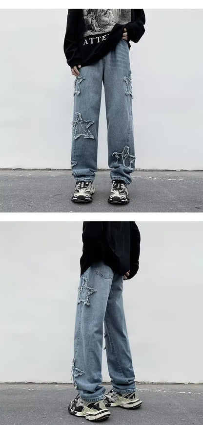 2025 New Fashion Stars Towel Embroidery Brown Men Jeans Pants Y2K Clothes Straight Hip Hop Cotton Trousers Pantalon Homme