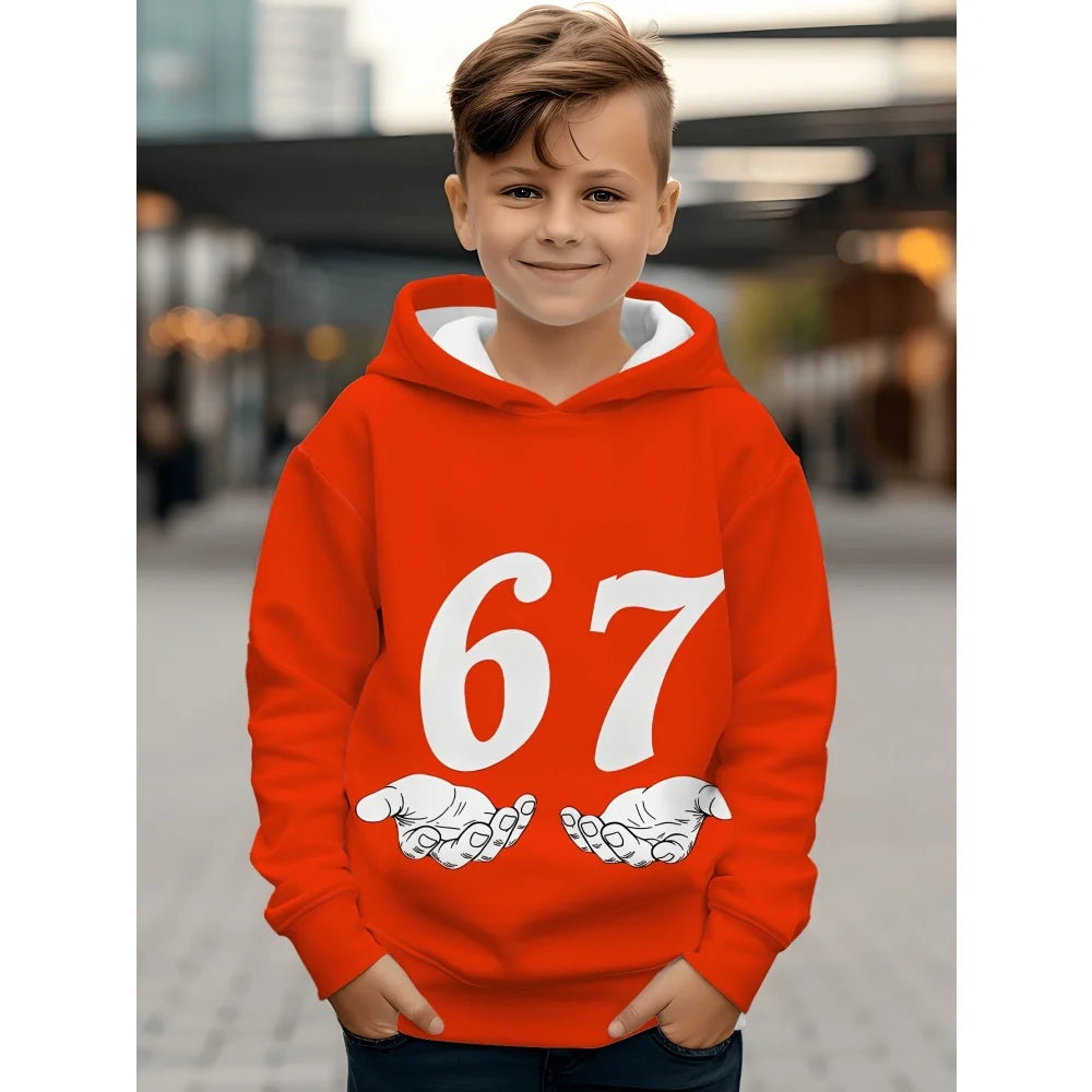 Children's Clothing Boys' Funny Number "67" Creative Print Hooded Sweatshirt Boys' Casual Sports Long Sleeve Hoodie Jacket Tops