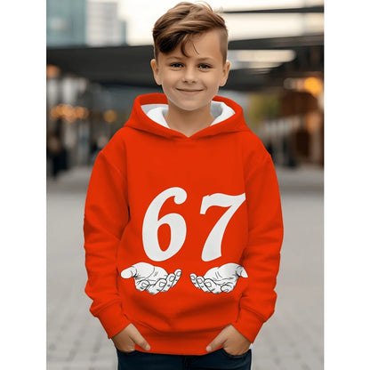 Children's Clothing Boys' Funny Number "67" Creative Print Hooded Sweatshirt Boys' Casual Sports Long Sleeve Hoodie Jacket Tops