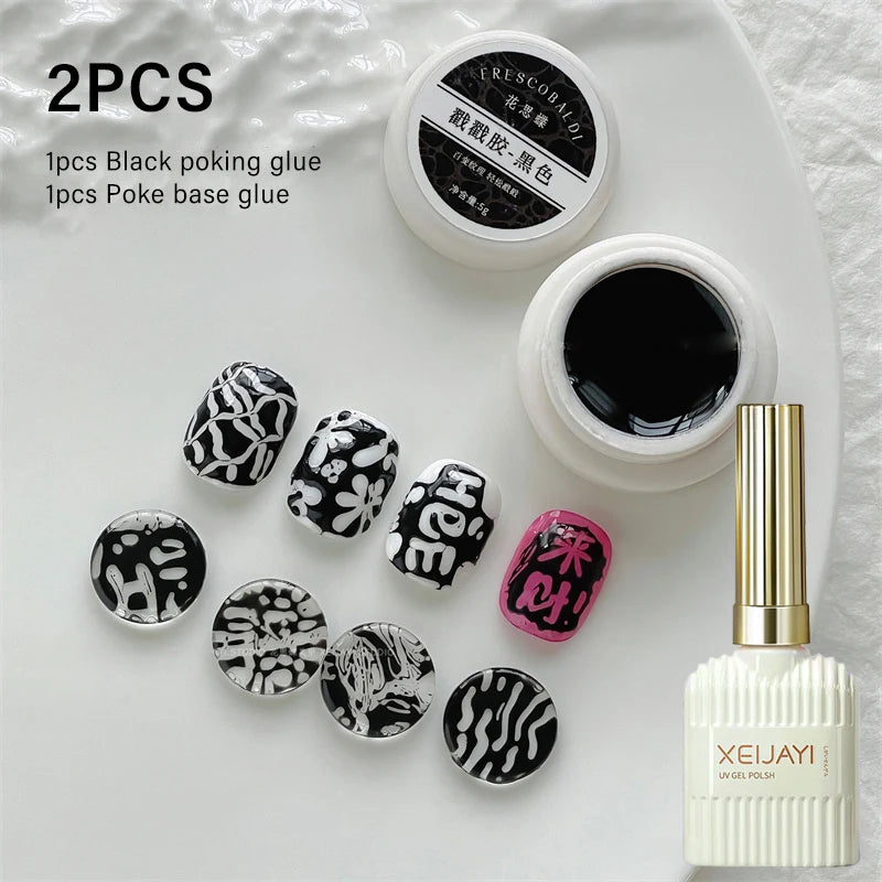 New Nail Poke Poke Nail Art Glue Black White Wave Texture Lace Hole Nail Painting Art Gel DIY Manicure Decoration Nails Salon