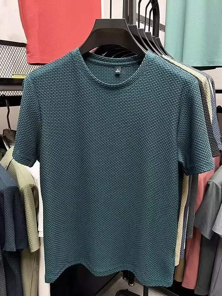 Summer Ice Silk Men's T-shirt Elastic Mesh Round Neck Half Sleeve Base Shirt Breathable Comfortable Short
