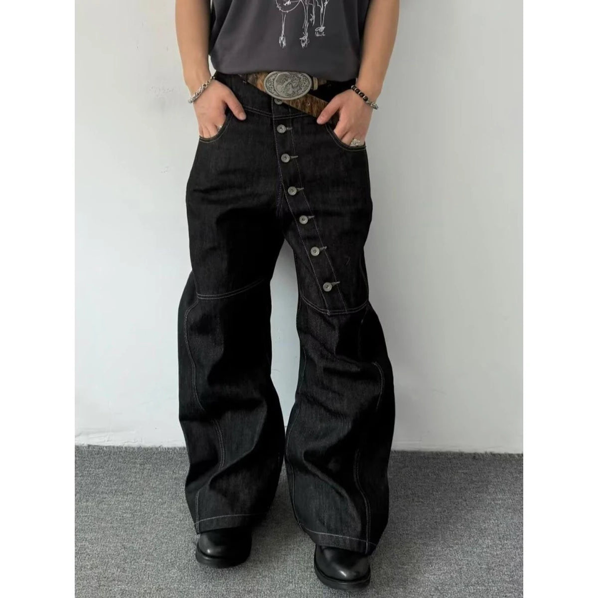 American Retro Long Row Button Design Jeans Men's High Street Loose Wide Leg Floor-Length Trousers Trendy Straight Leg Jeans