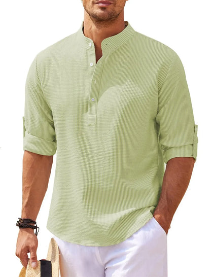 Spring Summer Men's Cotton Linen Polo Shirts Casual Long Sleeve Lightweight Henley Neck Solid Color Tops  Beach Shirts Fashion