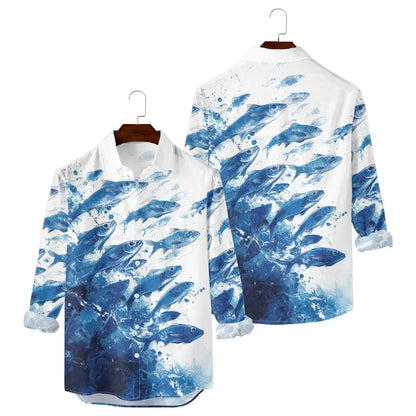Hawaiian Men Shirts Fish Swarm Fishbone Print Full Sleeve Casual Button Up Beach Parties Travel Poolside Ocean Punk Fusion Shirt