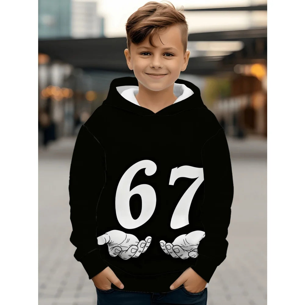 Children's Clothing Boys' Funny Number "67" Creative Print Hooded Sweatshirt Boys' Casual Sports Long Sleeve Hoodie Jacket Tops