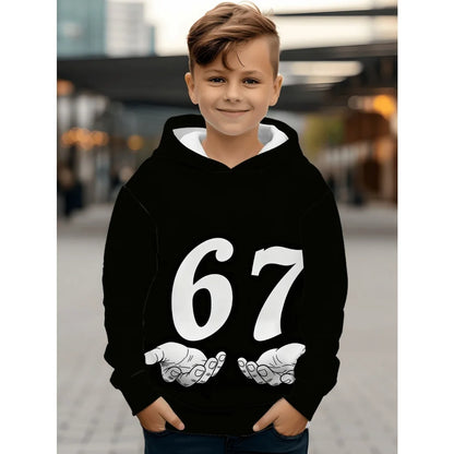 Children's Clothing Boys' Funny Number "67" Creative Print Hooded Sweatshirt Boys' Casual Sports Long Sleeve Hoodie Jacket Tops