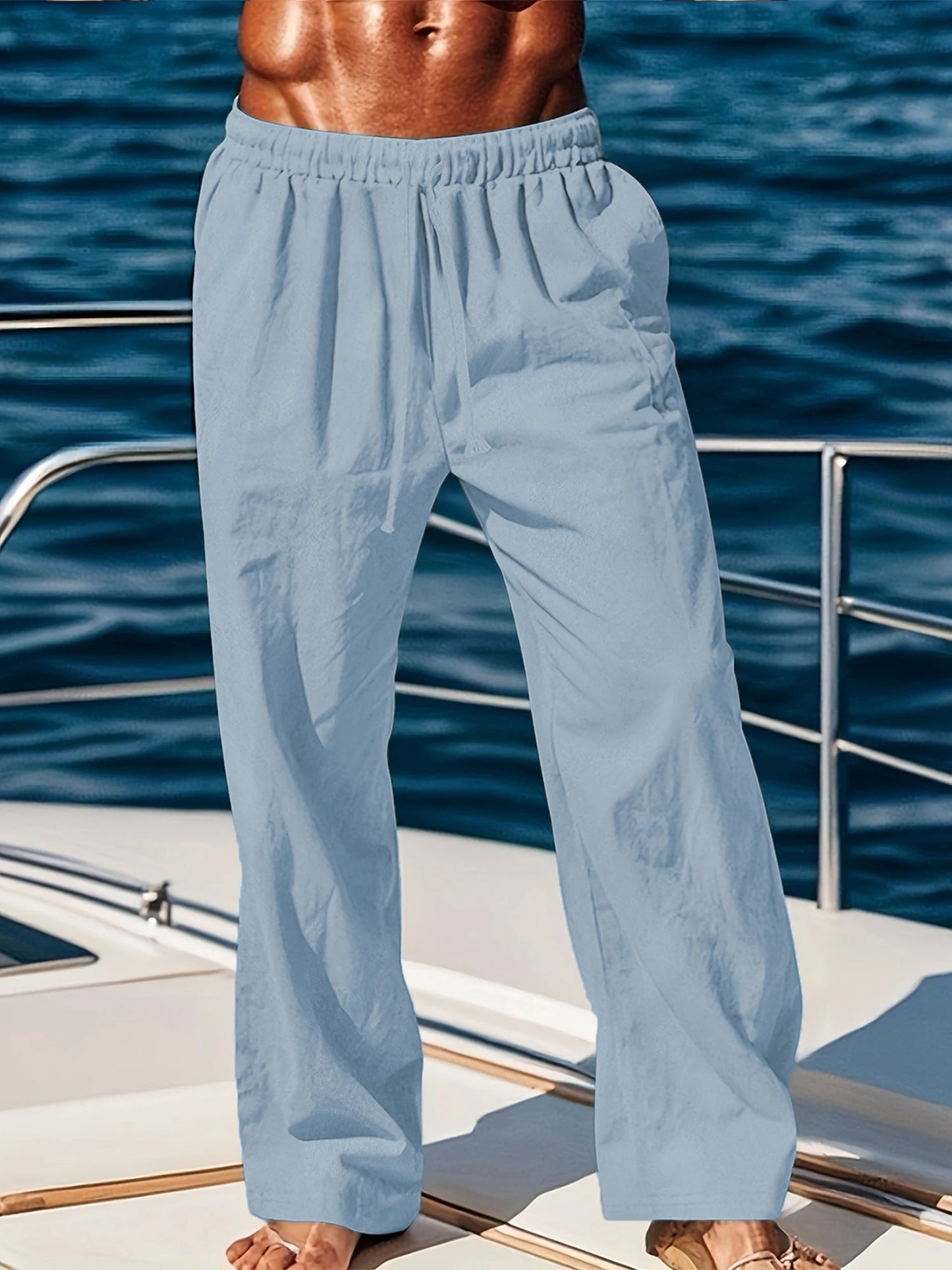 Men s Lightweight Linen Blend Pants with Elastic Waistband and Relaxed Fit for Summer Beach Vacation Casual Wear