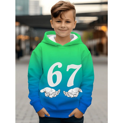 Children's Clothing Boys' Funny Number "67" Creative Print Hooded Sweatshirt Boys' Casual Sports Long Sleeve Hoodie Jacket Tops