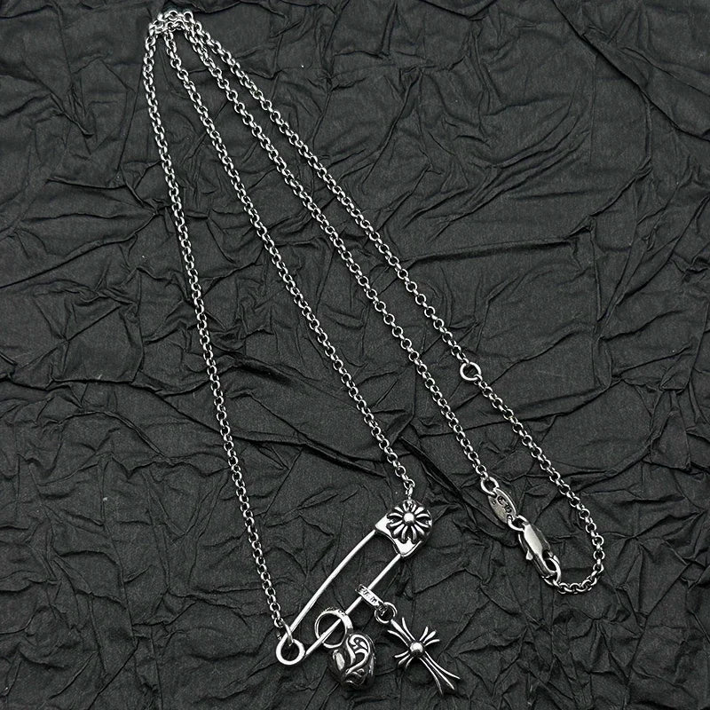 S925 Sterling Silver, Retro and Old Peach Heart Cross Pin Necklace, European and American Men's and Women's Personalities