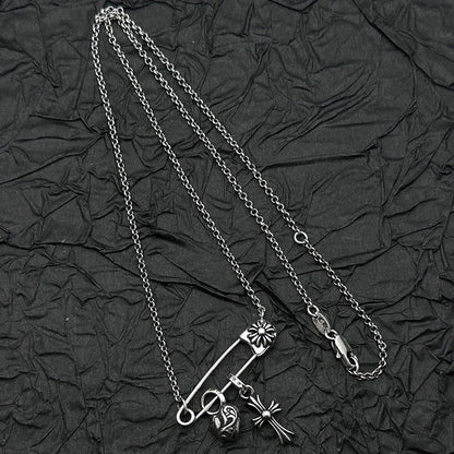 S925 Sterling Silver, Retro and Old Peach Heart Cross Pin Necklace, European and American Men's and Women's Personalities