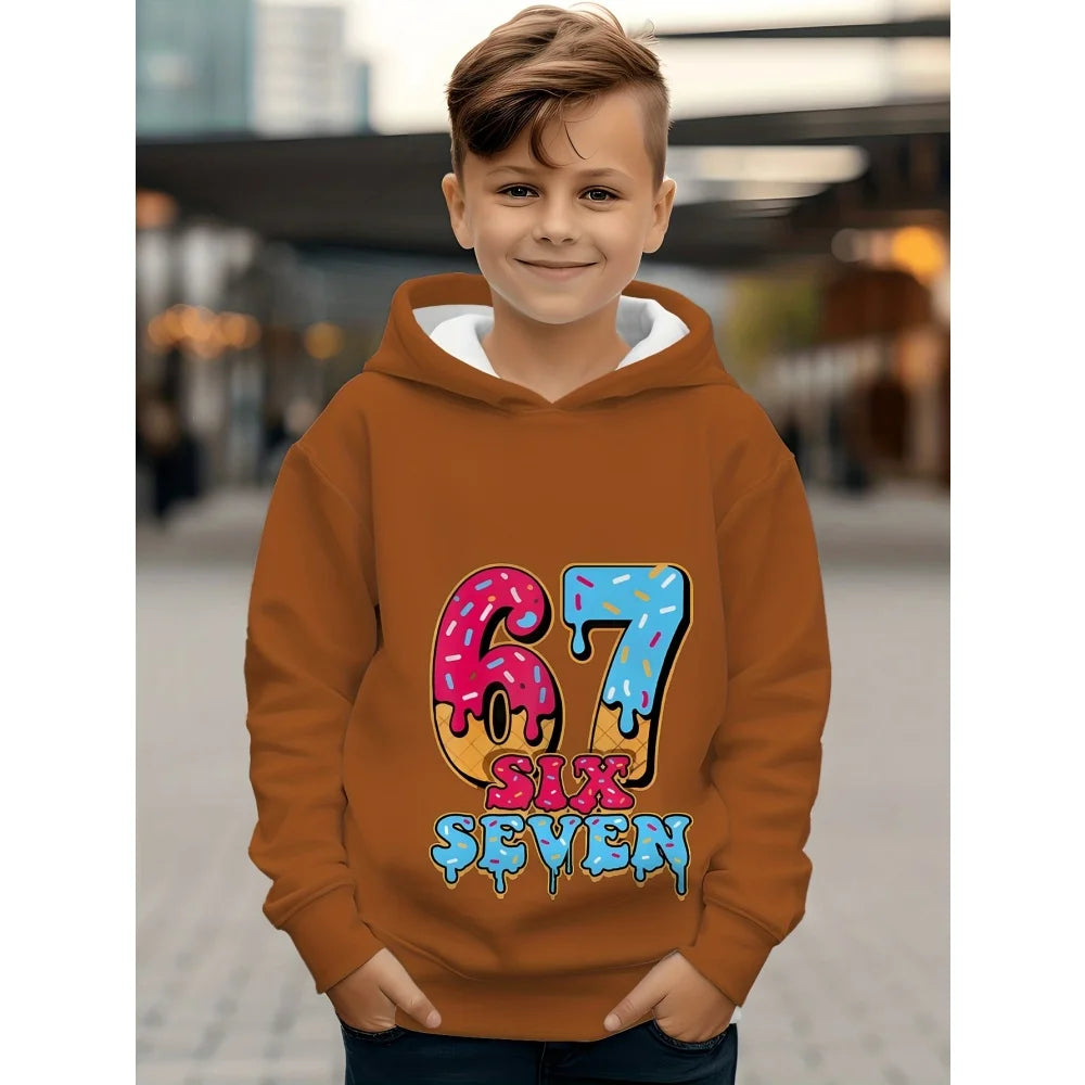 Children's Clothing Boys' Funny Number "67" Creative Print Hooded Sweatshirt Boys' Casual Sports Long Sleeve Hoodie Jacket Tops