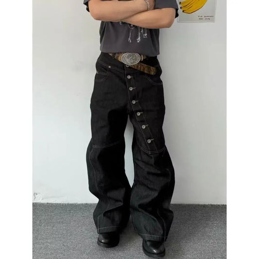 American Retro Long Row Button Design Jeans Men's High Street Loose Wide Leg Floor-Length Trousers Trendy Straight Leg Jeans