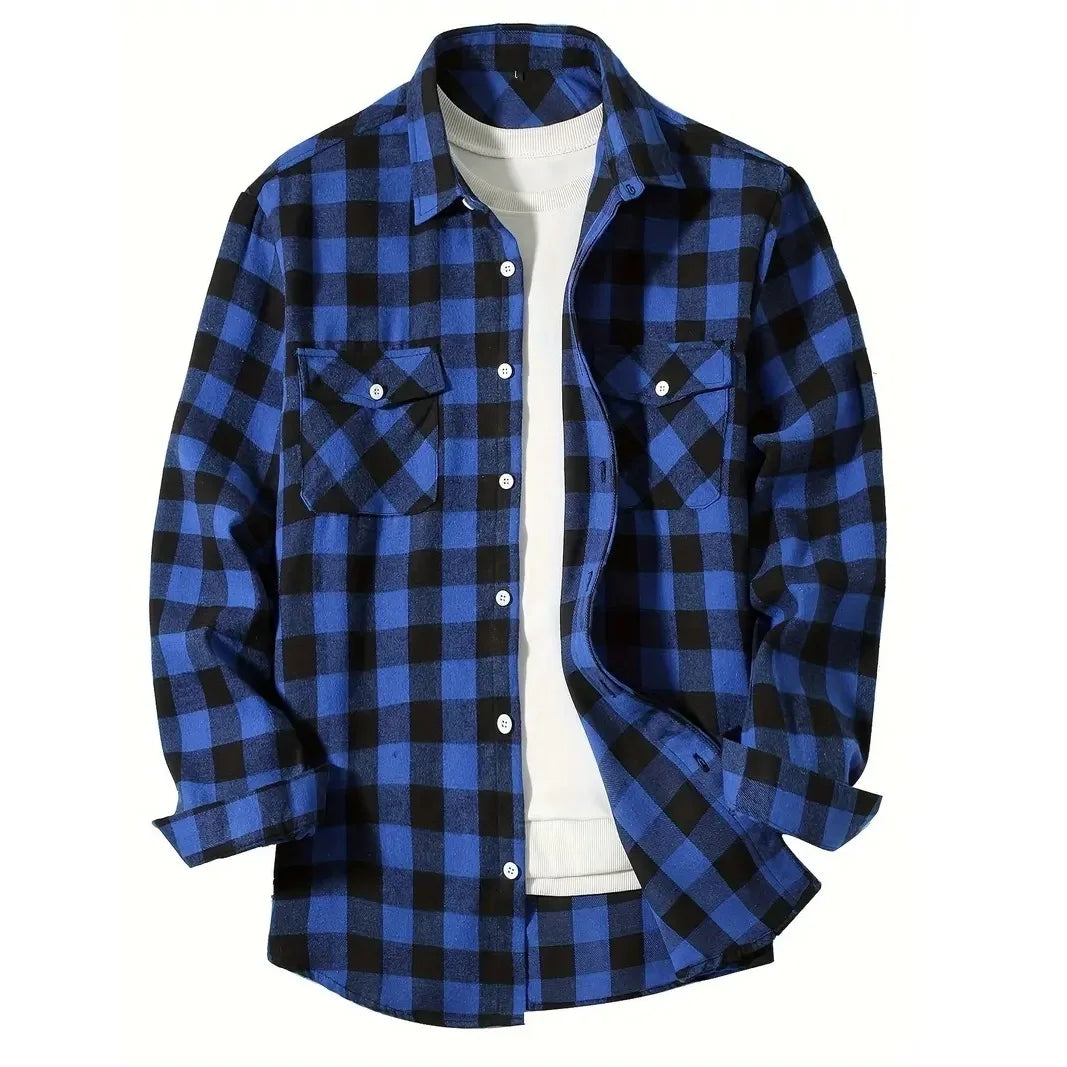 Camisas de hombre con un solo botón, clásicas a cuadros, informal elegante, camisa de franela de manga larga, dos bolsillos en el pecho, diseño de primavera otoño, tops para hombre