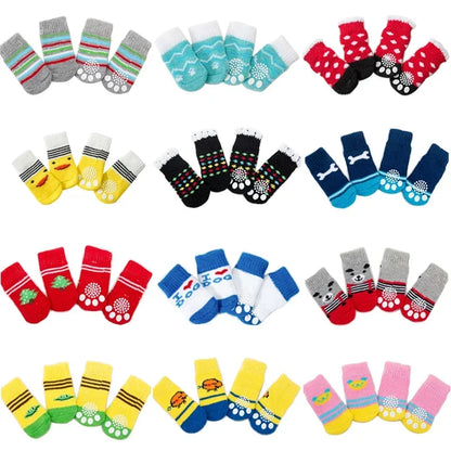 4pcs/set Dog Socks Cute Pattern Foot Covers Warm Anti Slip Shoes Puppy Paw Protector Christmas Gift Pet Accessories