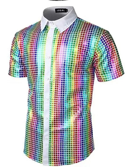 Men's Shiny Shirts Short Sleeve Shirts Nightclub Prom Disco Party Costume Button Blouse Casual Retro Cosplay Shirts Tops for Men