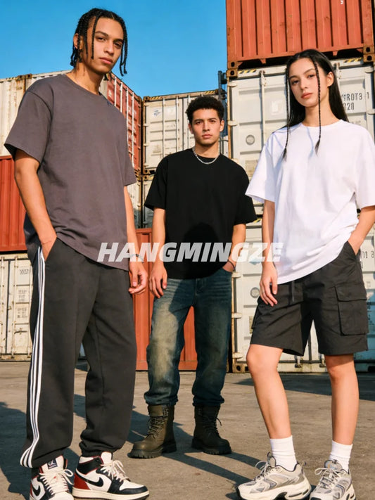 3-pack American 230GSM Heavy Cotton Short-sleeved T-shirt Men Women Solid Color Loose Round Neck Tops Couple Oversize T Shirt