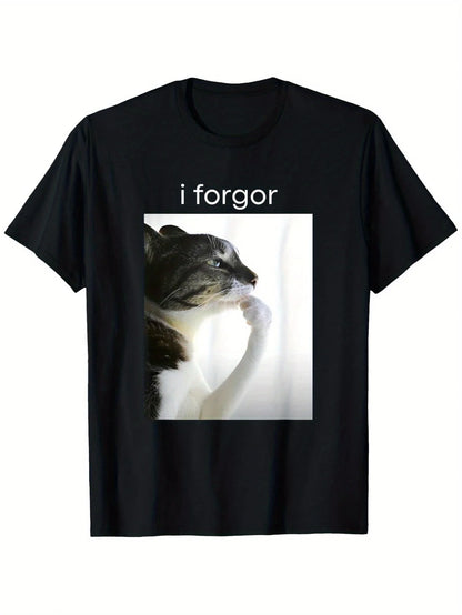 Funny Silly Cat Meme "I Forget" Cringe Brainrot Graphic T-Shirt Men Women 100% Cotton Round Neck Short Sleeve Tee Casual Wear
