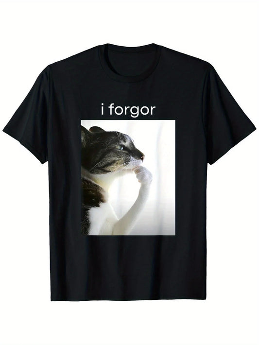 Funny Silly Cat Meme "I Forget" Cringe Brainrot Graphic T-Shirt Men Women 100% Cotton Round Neck Short Sleeve Tee Casual Wear