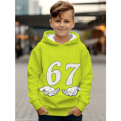 Children's Clothing Boys' Funny Number "67" Creative Print Hooded Sweatshirt Boys' Casual Sports Long Sleeve Hoodie Jacket Tops