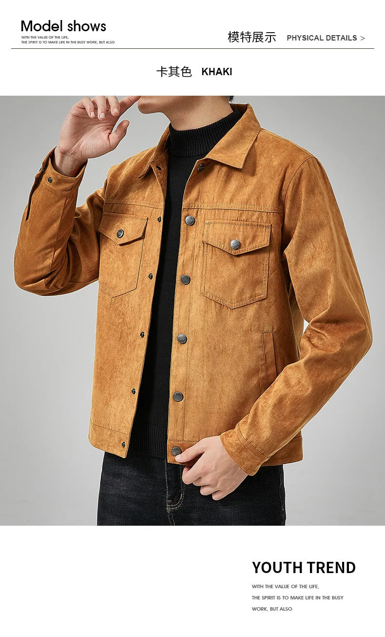 British Style Jacket Spring and Autumn Men's Casual Jacket Suede Trendy Button Up Jacket Casual Personality Men's New Clothing