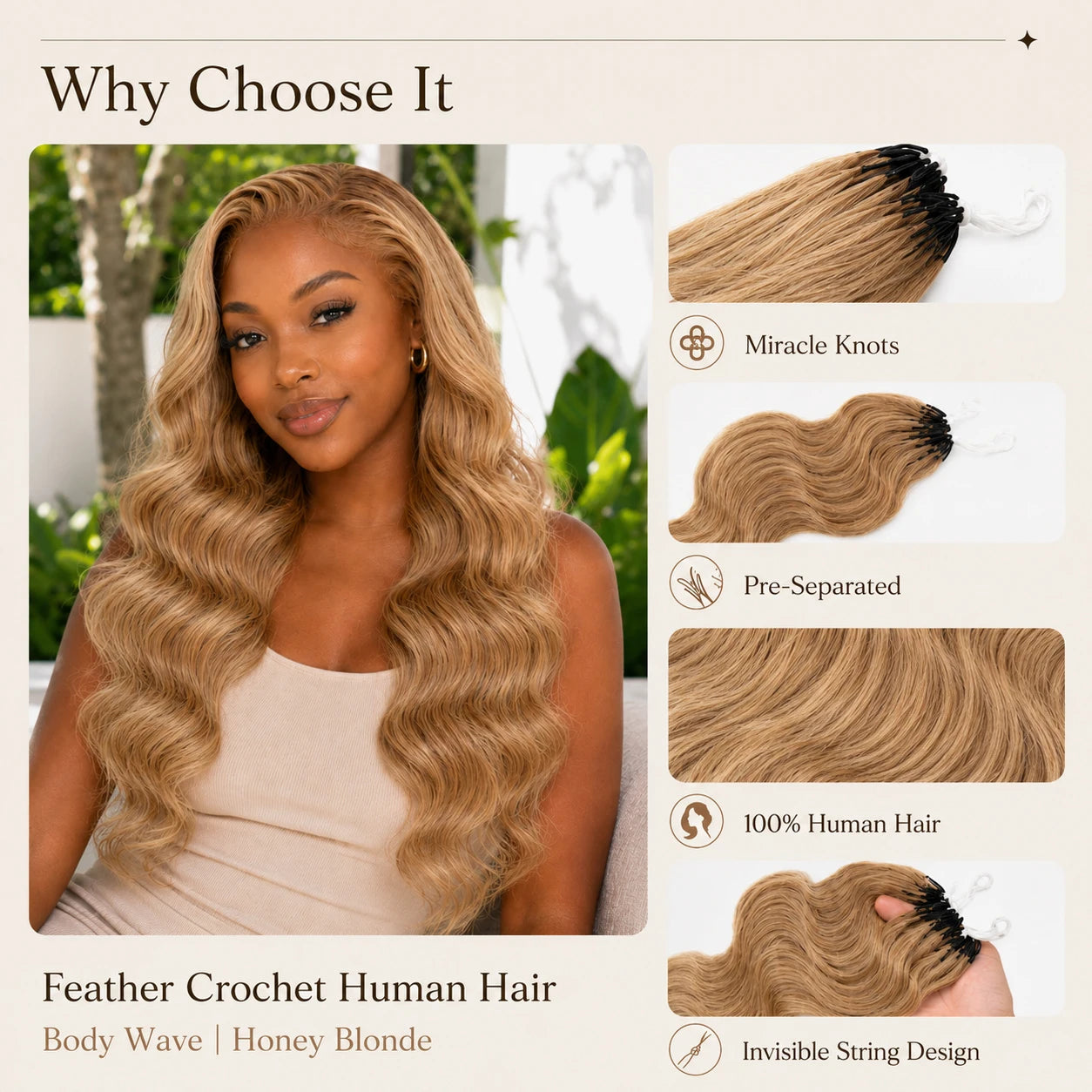 Honey Blonde Highlight Body Wave Crochet Human Hair Pre-Separated Invisble Miracle Knot Braids Feather Crochet Hair Extensions