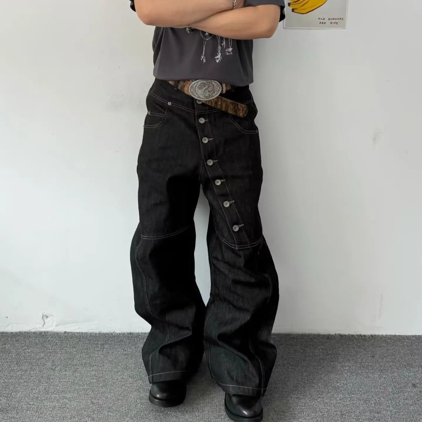 American Retro Long Row Button Design Jeans Men's High Street Loose Wide Leg Floor-Length Trousers Trendy Straight Leg Jeans