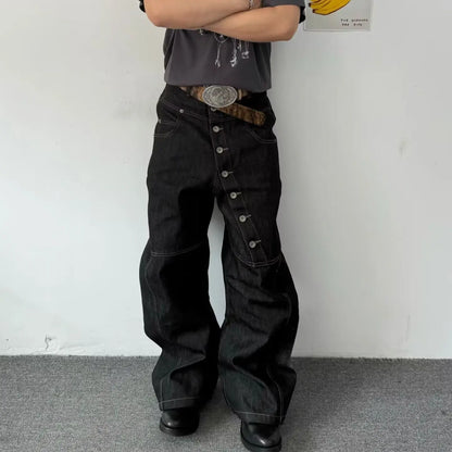 American Retro Long Row Button Design Jeans Men's High Street Loose Wide Leg Floor-Length Trousers Trendy Straight Leg Jeans