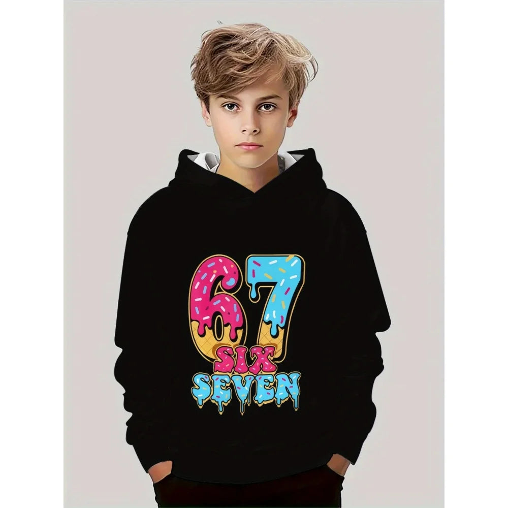 Children's Clothing Boys' Funny Number "67" Creative Print Hooded Sweatshirt Boys' Casual Sports Long Sleeve Hoodie Jacket Tops
