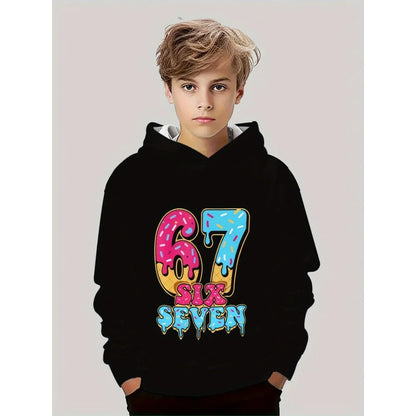 Children's Clothing Boys' Funny Number "67" Creative Print Hooded Sweatshirt Boys' Casual Sports Long Sleeve Hoodie Jacket Tops