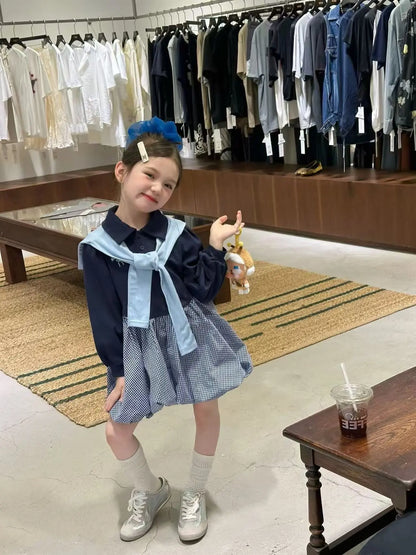 2025 Korea Girls Baby Summer Spring Autumn Dress Plaid Patchwork Casual Dresses Fashion Kids Children Clothes Vestidos