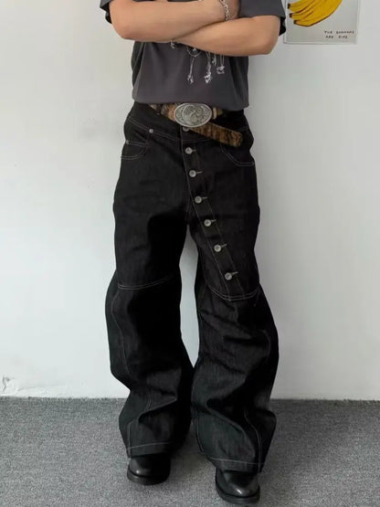 American Retro Long Row Button Design Jeans Men's High Street Loose Wide Leg Floor-Length Trousers Trendy Straight Leg Jeans