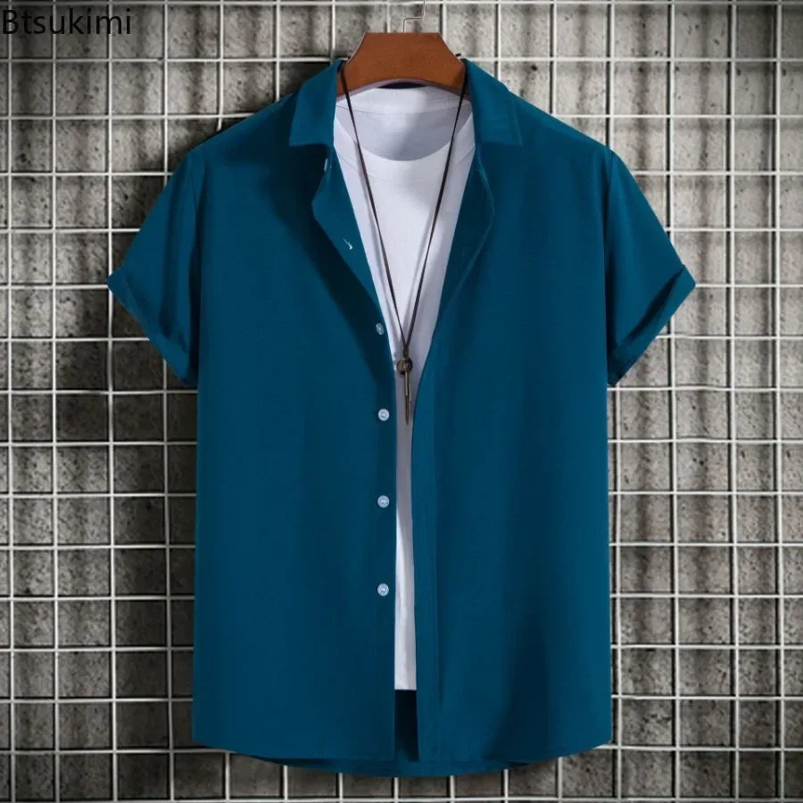Nuevas camisas de manga corta para hombre, moda, lisas, informales, cárdigan con solapa, tops para hombre, blusa cómoda de un solo botón, camisas de playa de verano