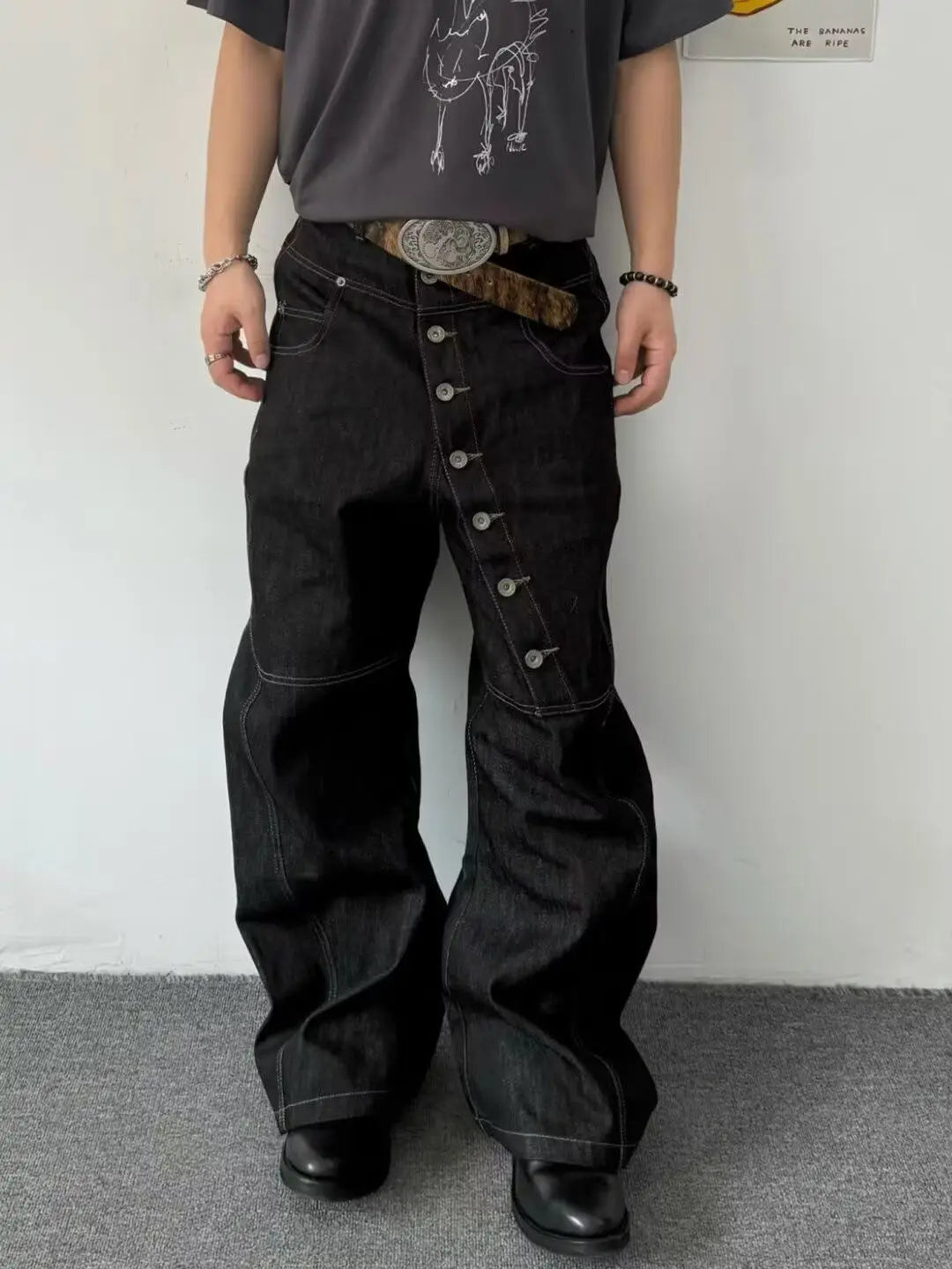 American Retro Long Row Button Design Jeans Men's High Street Loose Wide Leg Floor-Length Trousers Trendy Straight Leg Jeans