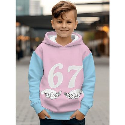 Children's Clothing Boys' Funny Number "67" Creative Print Hooded Sweatshirt Boys' Casual Sports Long Sleeve Hoodie Jacket Tops