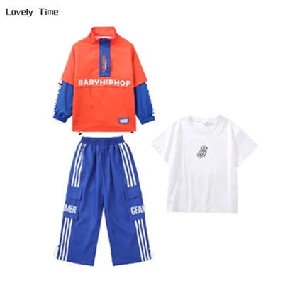Boys Hip Hop Contrast Jacket Cargo Pants Girls Sweatshirt Pullovers Street Dance Clothes Sets Kids Tracksuit Children Streetwear