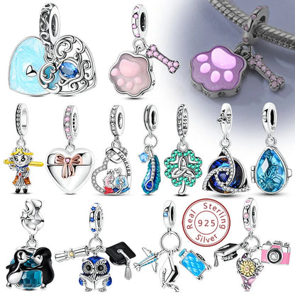 New 925 Sterling Silver Charms Bead Penguin Owl Bow Heart Charm Fit Original Pendant Bracelet Jewelry Making For Women Gift