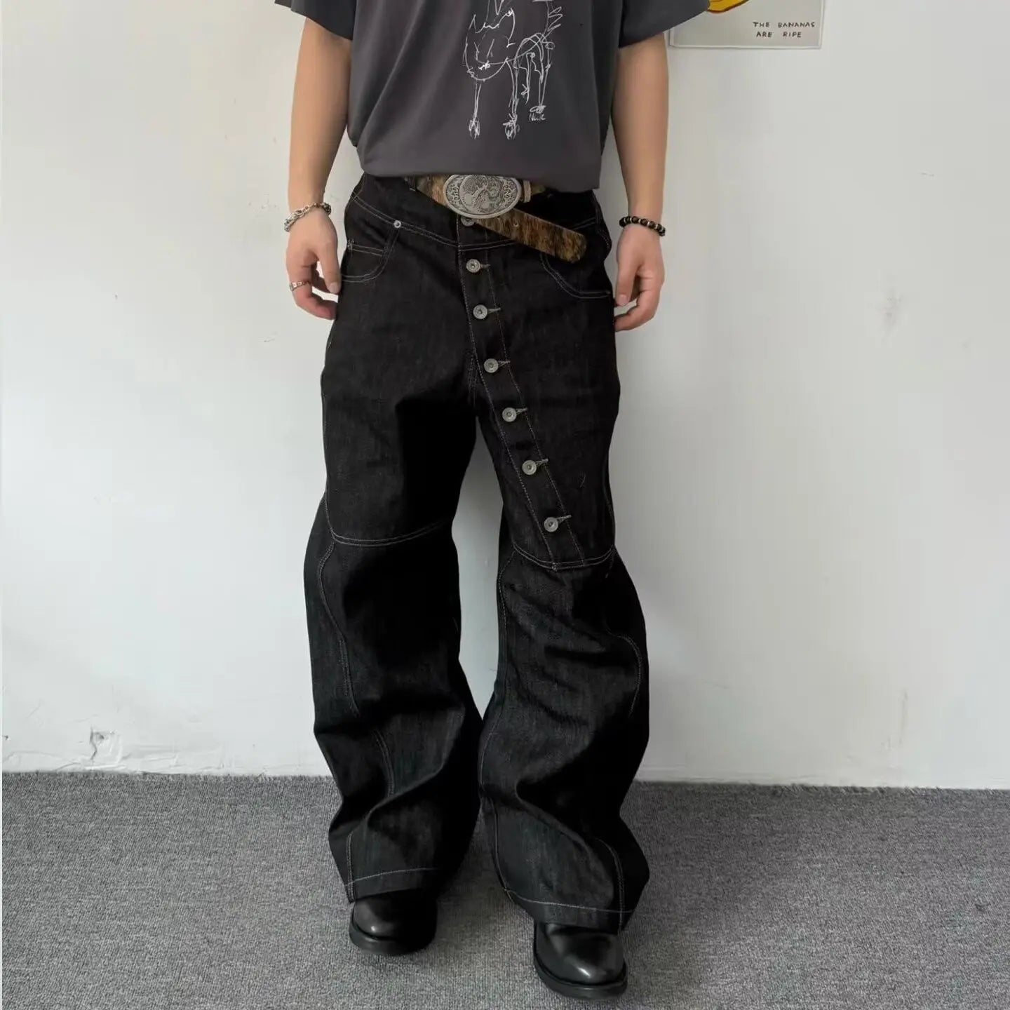 American Retro Long Row Button Design Jeans Men's High Street Loose Wide Leg Floor-Length Trousers Trendy Straight Leg Jeans