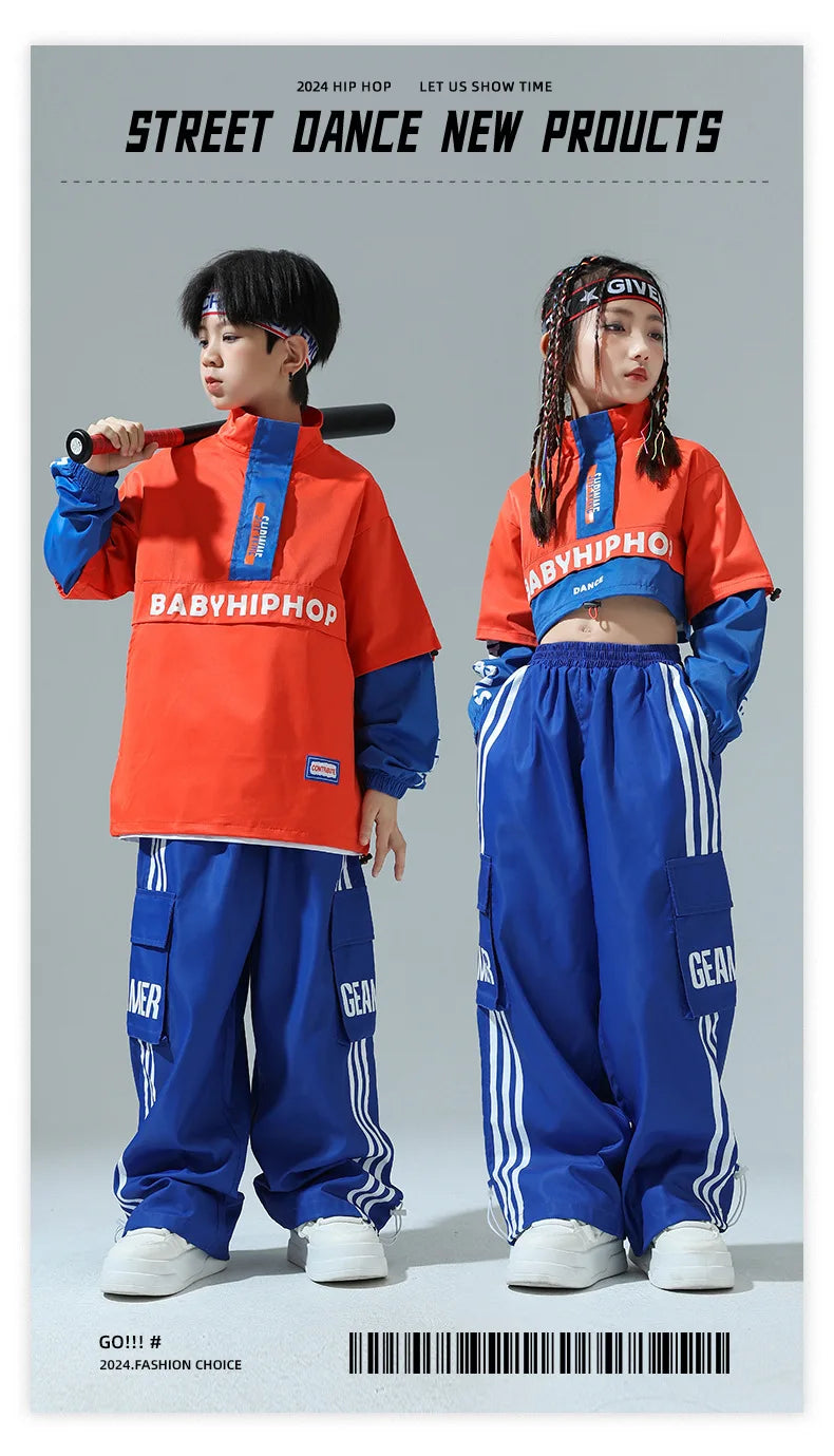 Boys Hip Hop Contrast Jacket Cargo Pants Girls Sweatshirt Pullovers Street Dance Clothes Sets Kids Tracksuit Children Streetwear