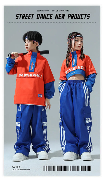 Boys Hip Hop Contrast Jacket Cargo Pants Girls Sweatshirt Pullovers Street Dance Clothes Sets Kids Tracksuit Children Streetwear