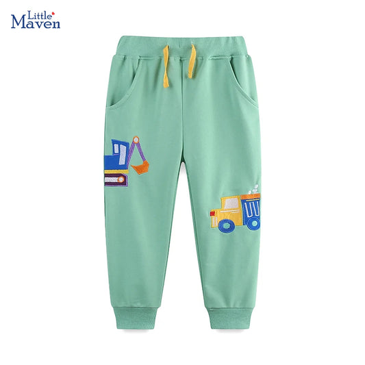 Little maven Baby Boys CAR Sporty Pants Children'Clothing Embroidery Cartoon Excavator Trousers Cotton Kids Clothes Sweatpants
