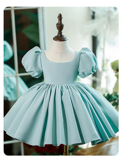 New Bubble Sleeves Solid Color Girl's Birthday Party Dress Children's Host Princess Dress Flower Children's Wedding Puffy Dress