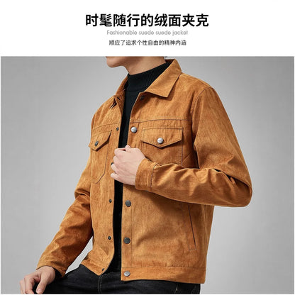 British Style Jacket Spring and Autumn Men's Casual Jacket Suede Trendy Button Up Jacket Casual Personality Men's New Clothing