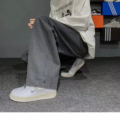 Nuevos pantalones vaqueros coreanos holgados para hombre, de calle, rectos, de mezclilla, de pierna ancha, Hip Hop, holgados, azul claro, gris, negro