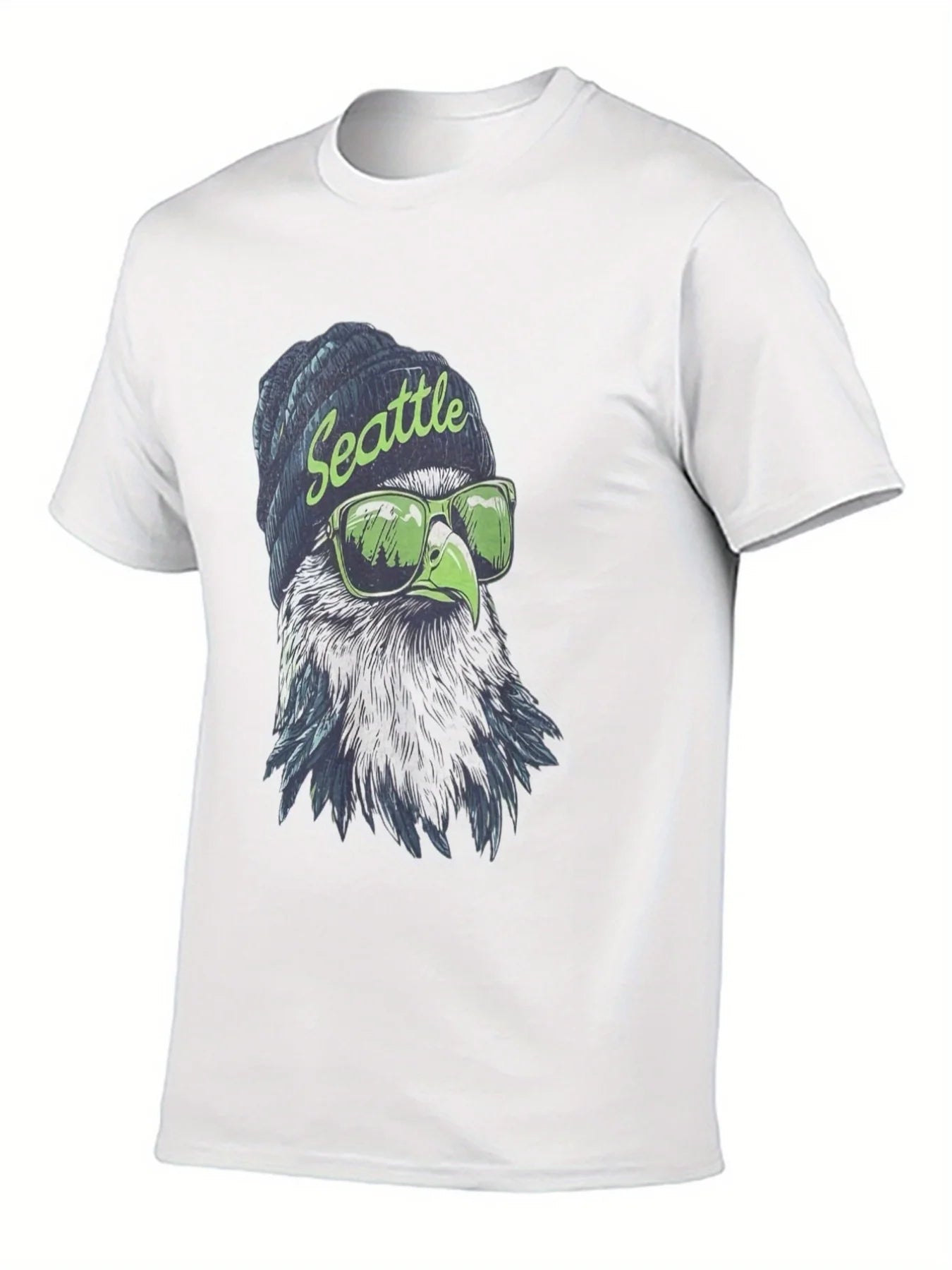 Camiseta Seattle 12th for Man - Gráfico Cabeza de Seahawk con Gafas de Moda y Diseño de Gorro de Lana Blanca Camiseta Casual Pesada de 180g